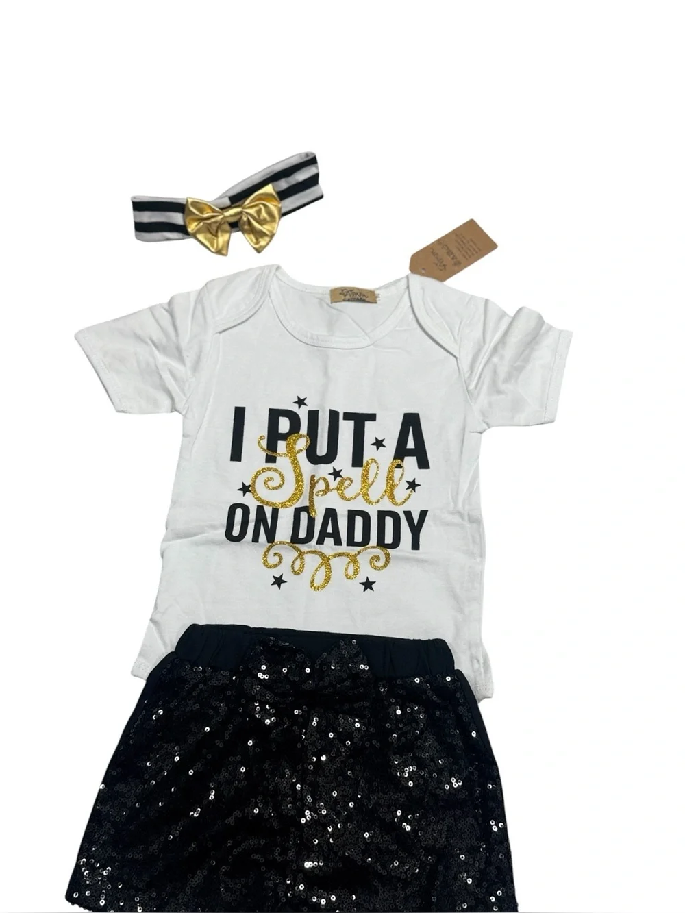 I Put a Spell On Daddy Baby Outfit - White, Black & Gold 6 months